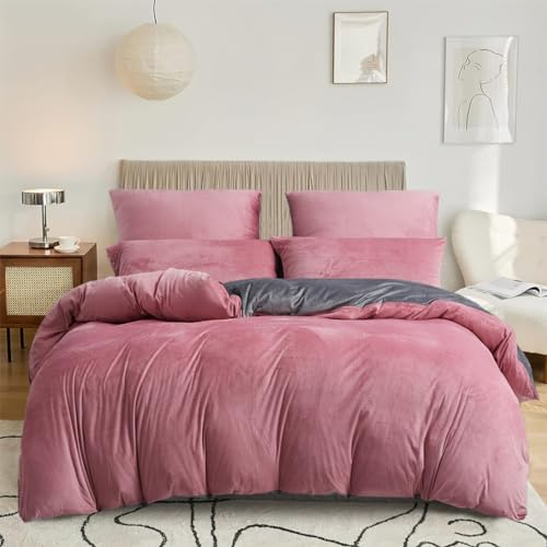 DXHOME Juego de ropa de cama de 135 x 200 cm, color rosa viejo, gris, mullido, cálido, forro polar, franela para invierno, microfibra, funda nórdica con cremallera y 1 funda de almohada de 80 x 80 cm