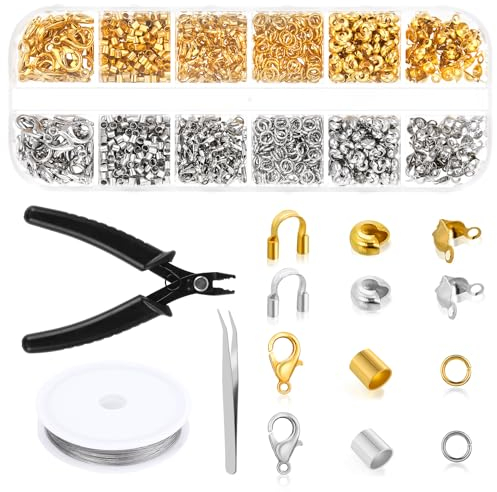 1200stk Quetschperlen Set, Crimp Perlen Set, Quetschröhrchen für Schmuckherstellung, Tube Crimp Perlen Quetschperlen Karabinerverschlüsse mit 6 Zubehörteilen für Schmuckherstellung (Silber, Gold)