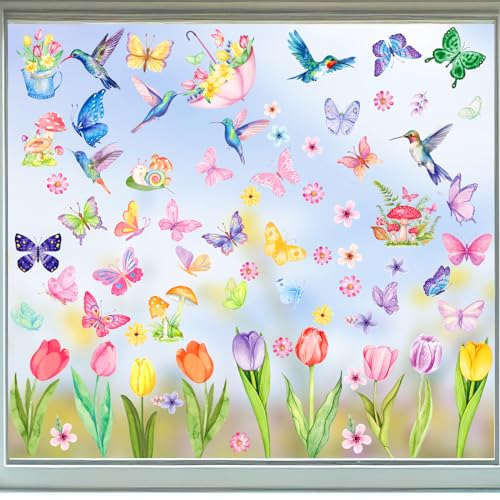Aquarell Fensterbilder Frühling, 8 Blätter Selbstklebend Fensterbilder Blumen Vogel Schmetterling Doppelseitig Fenstersticker Frühling Wiederverwendbar für Fensterdeko Kinderzimmer Frühlingsdeko