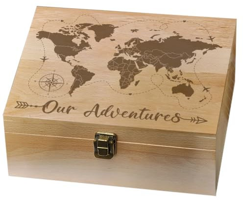 arricraft 1 Stück Andenkenbox aus Holz, 10x8x4.25 Zoll (25.5x20.5x10.8 cm) Holzkiste Mit Weltweiter Karte Und Deckel, Dekorative Aufbewahrungsbox „Our Adventures“ Für Souvenirs, Fotos