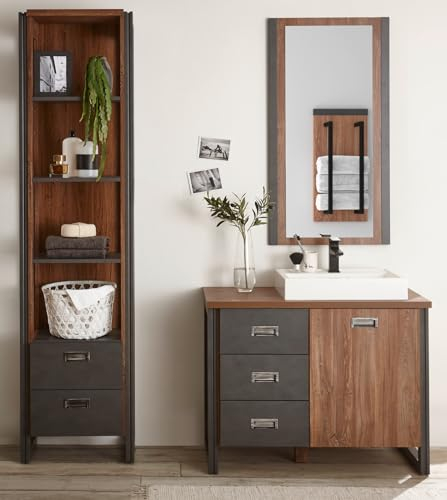 Badmöbel Set MIT Waschbecken in Eiche Stirling und grau Matera Waschtisch Badkombination 4-teilig Waschbeckenunterschrank, Waschbecken, Spiegel, Regal im Industrial Desgin 160 x 205 cm Auburn (Set 3)