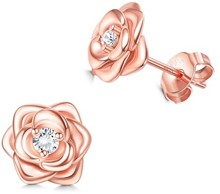 JeweBella Piccoli Orecchini Fiore in Argento Sterling 925 per Donna Ragazze Bambina Orecchini Anallergici Orecchini Rosa con 5A+Cubic Zirconia Argento/Oro/Oro Rosa/Nero Regali di Gioielli