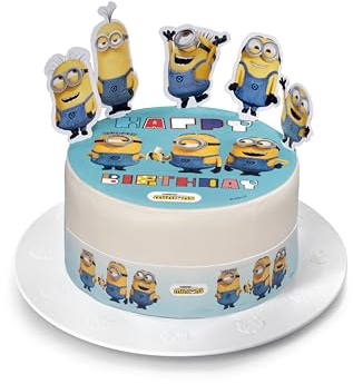 Kardasis Minions Dessus de Gâteau et figurines en papier | Disque Azyme Comestible pour gâteaux | Décoration gâteau pour anniversaire thème Minions | 20cm + 4 rubans 28x4cm + 5 Figurines