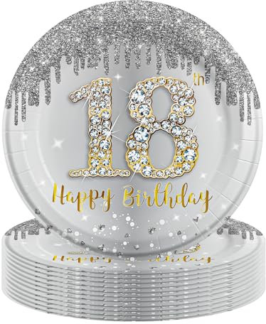 MORAINJAY 16 platos de cumpleaños para 18, platos de papel plateados y dorados de 9 pulgadas para fiesta de cumpleaños 18, platos de papel para hombres, mujeres, ella, él, juego de vajilla de