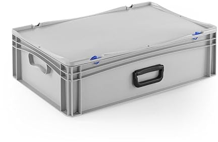 DIE BOX FABRIK Robuster Eurobehälter mit Tragegriff & Scharnierdeckel | Stapelbarer Kunststoffkoffer für Lager & Transport | Aufbewahrungsbox für Werkzeuge, Logistik & Industrie (600x400x183 mm)