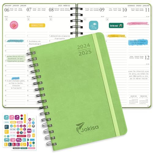 Kalender 2025 Wochenplaner,Terminplaner A5 mit Hochwertiger Ledereinband, Spiralbindung, einfaches Umblättern und flaches Auflegen, Taschenkalender für Büros, Schulen, Organisatoren