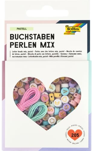 folia 32024 - Buchstaben Perlen Mix PASTELL, 202 Stück mit verschiedenen Buchstaben und Motiven, 2x 1 m Gummibändern zum auffädeln und Aufbewahrungsbox