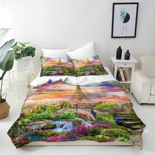 ANHOPE Paris Eiffelturm Pfau Blume Bettwäsche Set 3 Teilig Bettbezug 155x220 cm + 2 Kissenbezug 80x80 cm Weich Microfaser Bettbezüge mit Reißverschluss Ganzjahres Bettdeckenbezug Set