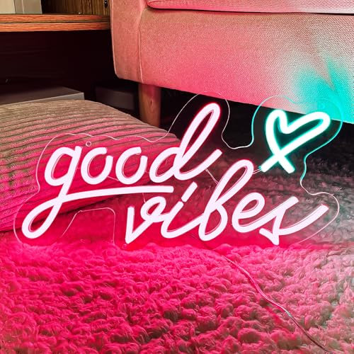 Good Vibes Neons LED schild Rosa Neonschild Wort,Leuchtreklame dimmbare Neon Sign USB-betrieben für Wand Geburtstag Party Dekor Schlafzimmer Lichtschild