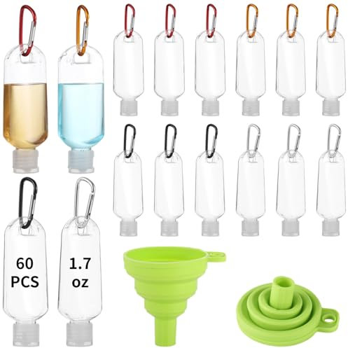 60 PCS Travel Bottle with Carabiner, 1.7 oz Portable Keychain Travel Bottles, Empty Squeeze Plastic Bottle with Flip Cap, Refillable Clear Containers with 2 Foldable Funnels for Shower Gel Lotion
