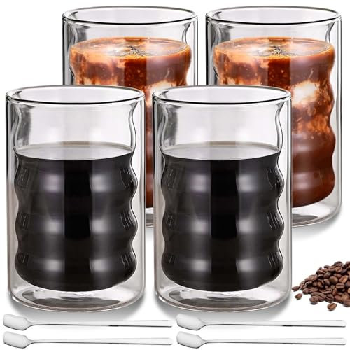 Lot de 4 verres à café à double paroi pour latte macchiato de 400 ml avec 4 cuillères à café en verre pour cappuccino, latte, glace, thé glacé, americano glacé