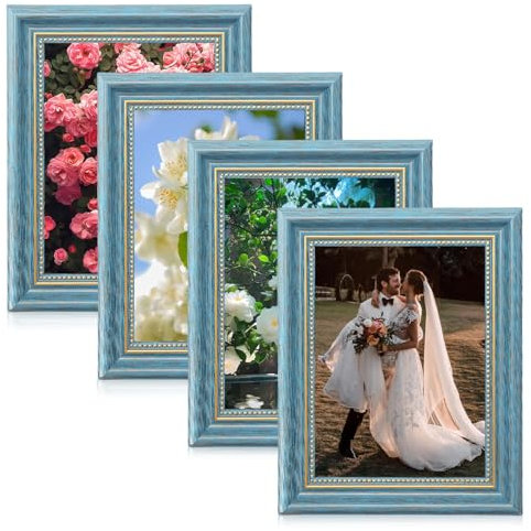 GOMETY 4 Stück Bilderrahmen Vintage Blau Gold, 13x18cm Retro Bilderrahmen für Fotos Aufgehängt Oder Aufgestellt Werden, Fotorahmen Deko für Wand Tisch Hochzeit Geburtstag Geschenke Muttertage