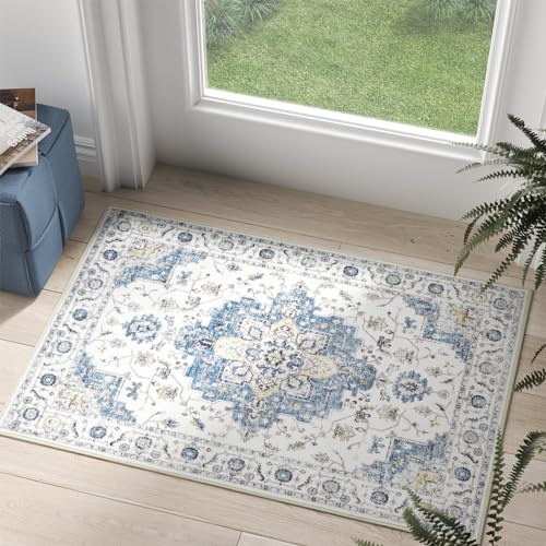 TOPICK Door mat Washable 60x90cm Blue Entryway Doormat Indoor Vintage Print Soft Small Rug Lightweight Non Slip Carpet for Kitchen Bathroom