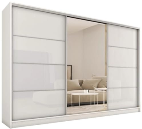 LOFT GLOSS - 3 Sliding Doors Wardrobe With Drawers Mirror 2 Rail White width 280 cm