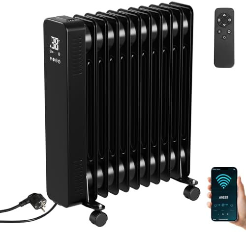 Fiqops Radiatore ad olio da 2500 W, a risparmio energetico, con 11 nervature, 3 livelli di riscaldamento, termostato, app e telecomando WiFi, display digitale, riscaldamento elettrico, protezione da