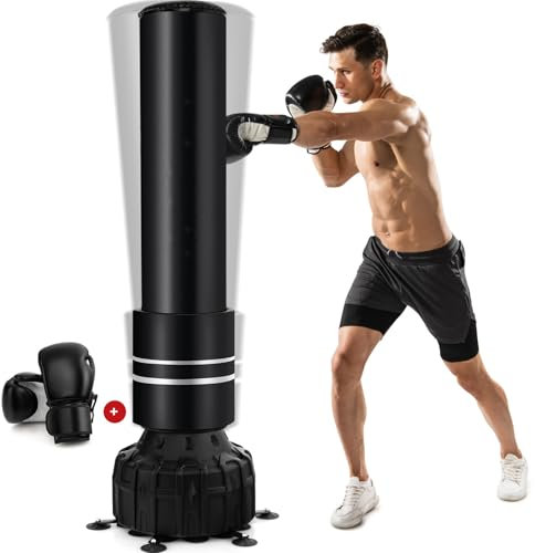 GYMAX Freistehender Standboxsack 182 cm, Schwerer Boxsack mit Boxhandschuhen & Füllbasis, Kickboxsack für MMA Muay Thai Fitness, Boxing Trainingsgeräte für Erwachsene, Schwarz
