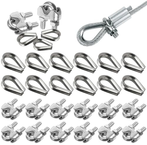 Prmape 24 Pièce Serre Cable Inox, 12pcsSerre Cable Acier 6mm+12pcs M6 Cosses de Câble Metallique, U Boulon Clip de Câble Métalliques pour Câble Métallique Corde à Linge
