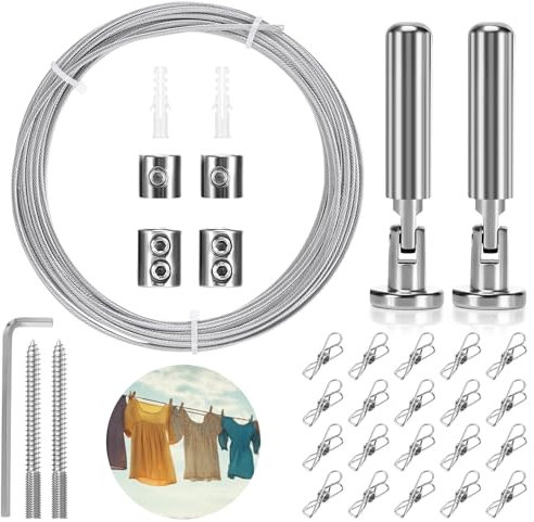 Tiusixsy Cable Metallique 5, Stendibiancheria, Cordes À Linge avec 20 clips, Cable Rideau Réglable avec Vis,Filo per Stendere, pour Suspendre Photo, Rideaux, Etendage Jardin