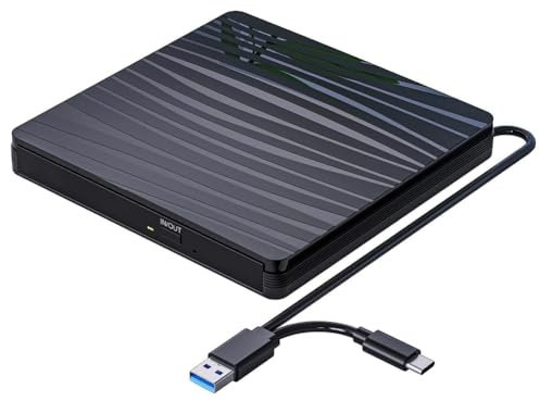 Cpolebev External CD/DVD Drive for Laptop, USB 3.0 & Type-C Portable CD DVD +/-RW Burner Optical Drive Reader Writer DVD Player Easy to Use