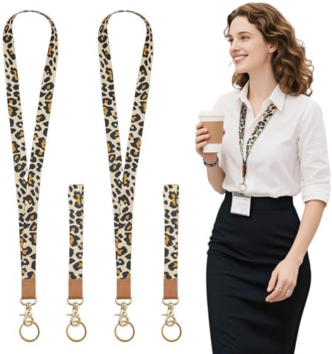 TUONYIS 4 Pièces Cordon pour Badge, Lanière de Poignet, Porte-clés Lanière, Tour de cou Tendance Tour de cou Durable avec Fermoir, Cordon de Poignet Cordons pour Carte étudiant (Imprimé leopard)