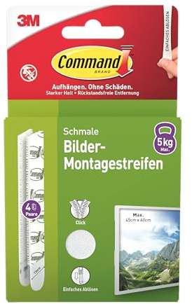 Command Klebestreifen, Packung mit 4x2 Schmal (8 Strips), Weiß - Bilder Aufhängen ohne Bohren, Streifen halten bis zu 5 kg, Rückstandsfreies Ablösen