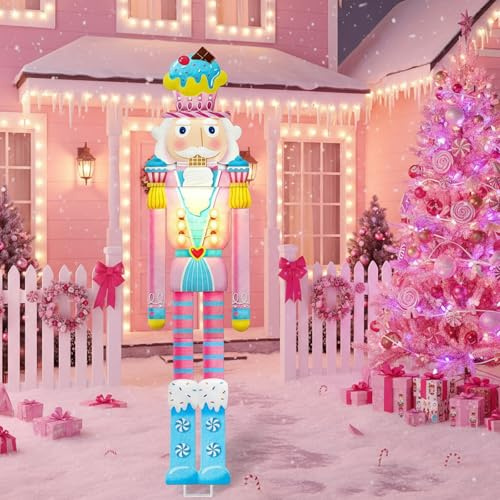 GlikCeil 39'' Outdoor Pre-lit Christmas Pink Nutcracker Yard Light Sign | Candy Cane Nutcracker LED Yard, Large Metal Windproof Rainproof, Solar Garden Stake, Xmas Outside Party Patio Home Pathway