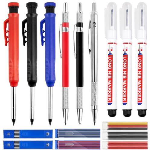 Scettar Zimmermannsbleistifte Set mit 2,8 mm Holzbleistiften, 2,0 mm und 3,0 mm Tieflochmarkern, langer Spitze und 50 Minen,robustes Tischler Bleistift Set für Baustelle,Architekten und Holzarbeiter