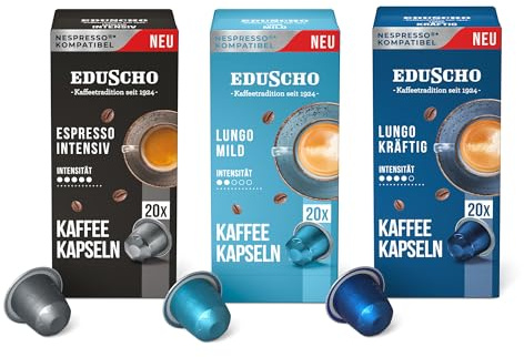 Tchibo Eduscho Probierset mit drei Sorten, Lungo Kräftig, Espresso Intensiv, Lungo Mild, 60 Stück (3 x 20 Kaffeekapseln), kompatibel mit Nespresso, nachhaltig & fair gehandelt