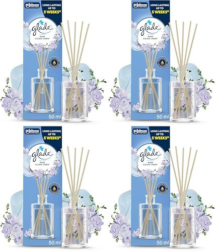 Glade Reed Diffuser, Home Fragrance Infused with Essential Oils, Room Air Freshener with Up to 5 Weeks of Continuous Fragrance, Clean Linen, 50ml (Pack of 4)