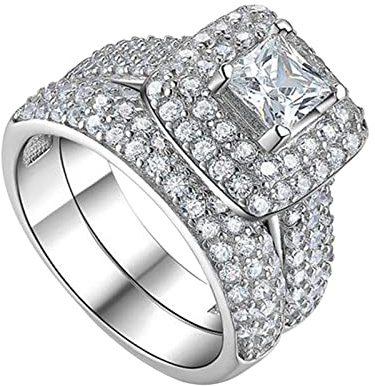 Generisch Halskette Zwei Ringe Square Set Ring Luxus Engagement Hochzeit Schmuck Für Frauen Keramik Ringe (Silver, 11)