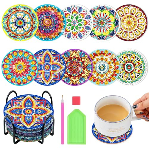 MFUSUL Lot de 10 kits de bricolage - Cadeau pour enfants - Peinture diamant - Pour adultes et filles de 8, 9, 10, 11, 12 ans - Dessous de verre - Cadeau pour adolescente et fille de 7 à 12 ans - Pour
