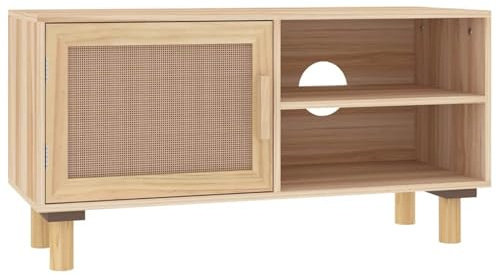 WGYHOME TV Schrank,TV-Schrank Braun 80x30x40 cm Massivholz Kiefer und Natur-Rattan,TV Board Hängend Schrank Fernsehschrank TV Bank Wohnzimmer Möbel Modern Wandschrank für Wohnzimmer Schlafzimmer
