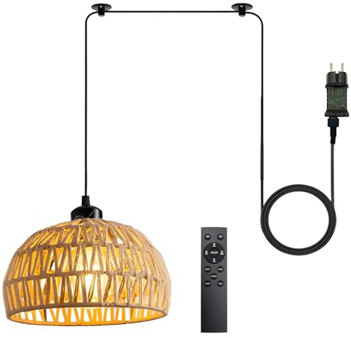 Hängelampe mit Stecker,Pendelleuchte mit Dimmbar Schalter & Fernbedienung | DIY Boho Rattan Lampenschirm Hängeleuchte mit 5M Kabel,Outdoor Lampe Hängend Esstischlampe für Schlafzimmer Wohnzimmer Küche