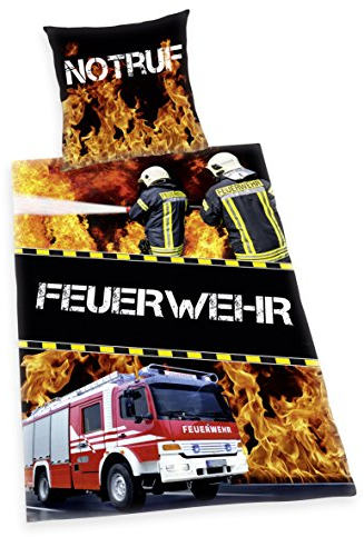 Herding Young Collection Bettwäsche-Set, Feuerwehr-Wendemotiv, Mit leichtläufigem Reißverschluss, Bettbezug 140 x 200 cm, Kopfkissenbezug 70 x 90 cm, Baumwolle/Renforcé, Schwarz