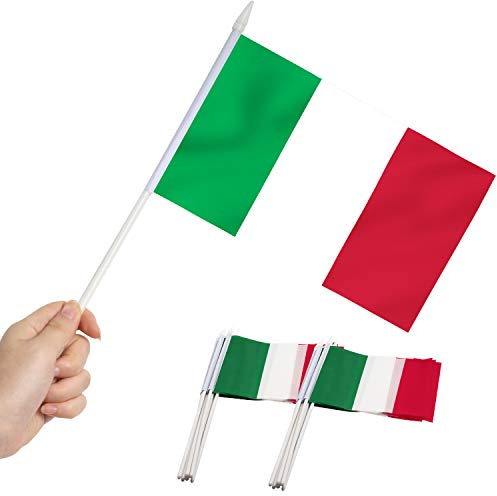Bandera de Italia, ANLEY Mini bandera de mango italiano de 5x8 pulgadas (12 x 20 cm) con poste sólido blanco de 12 (30 cm) - Color vivo y resistente a la decoloración - Banderas de palo manuales