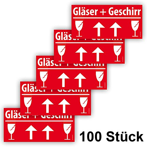 100x VORSICHT GLAS Umzugetiketten XL Aufkleber, Groß 21x10cm, Rot, Sicherheitsetikett als Warnhinweis selbstklebend, 100 Stück