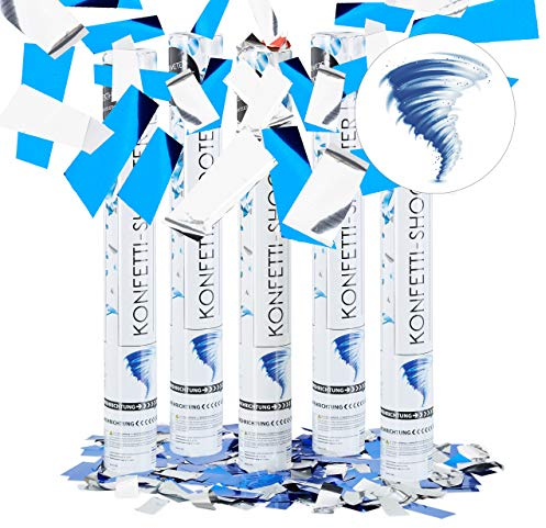 Relaxdays 5er Set Party Popper 40 cm, Blau Silber, 6-8m Effekthöhe, Hochzeit, Geburtstag, Karneval, bunter Konfettiregen, blau
