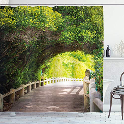 ABAKUHAUS Park Duschvorhang, Nature Boardwalk Torbogen, Stoffliches Gewebe Badezimmerdekorationsset mit Haken, 175 x 200 cm, Beige Grün Braun