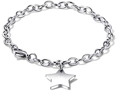 bigshopDE Pulsera para mujer de 18 cm, acero inoxidable, plata, cadena de eslabones de estrella, colgante de regalo, 18 centimeters, Acero inoxidable
