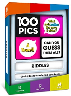 100 PICS Riddles - Guess 100 Riddles | Flash Cards with Slide Reveal Case | Travel Game, Gift, Stocking Filler | Fun for Kids and Adults - Play Together | Ages 6+