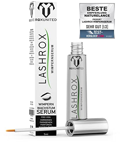ROXUNITED Wimpernserum 5ml [BIO & Hormonfrei] - Vergleichssieger - [mit Biotin & Koffein] - erhält natürliche Inhaltsstoffe - Fördert dichtere & kräftigere Wimpern - Vegan - 1x täglich