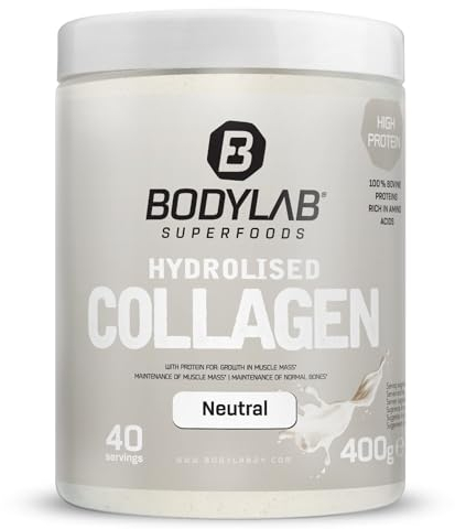 Bodylab24 Hydrolised Collagen Neutral 400g, 100% Kollagen-Hydrolysat, 9,3g Eiweiß je Tagesdosis, unter 1g Fett und Kohlenhydrate, ideal zum Einrühren in Kalt- und Heißgetränke