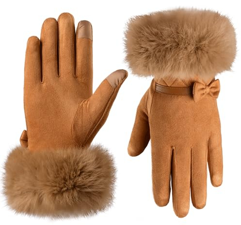 HYSENM Gants Femme Hiver Girs Gants Tactile Tenir au Chaud Suédé Doublure Polaire Doux Confortable Jolie Avec Petit Noeud Jogging Extérieur Cadeau Fête Noël