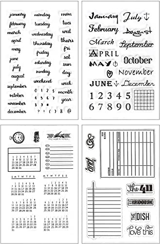 Silikonstempel Kalender 4 Blätter Clear Stamps Kalender Deutsch Monate Wochentage Planer Transparente Stempel Zahlen DIY Bullet Journal Scrapbooking Fotoalbum Stempelset Kalender