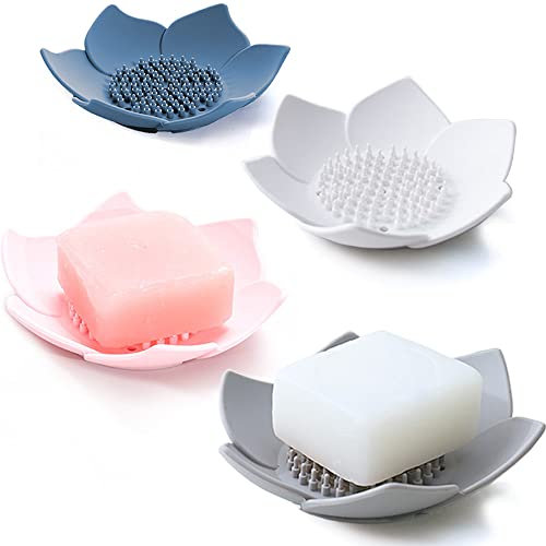 Lot de 4 porte-savons en silicone avec égouttoir pour salle de bain - Porte-savon pour évier de cuisine - Forme de fleur pour comptoir, baignoire - Blanc, gris, rose, bleu