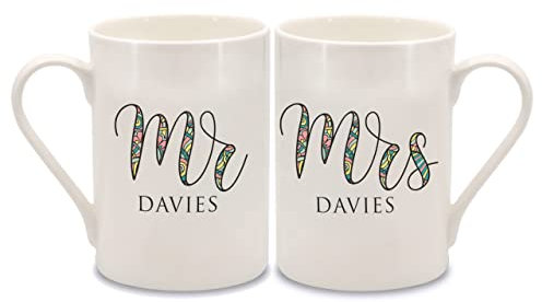 WOWZ DESIGN & PRINT DESIGN LTD Personalised Mr & Mrs 20th Anniversary Bone China Mugs, 200ml Capacity, Wedding Keepsake, New Home Gift