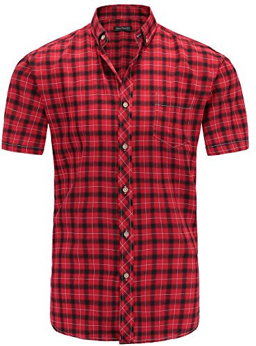 JEETOO Homme Chemise à Carreaux Manches Courtes Slim Fit en Coton Chemises décontractées(Medium,Rouge et Noir)