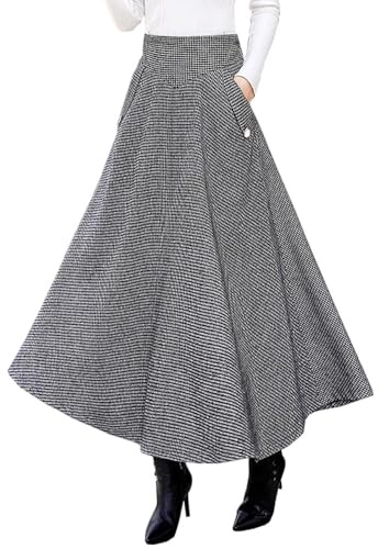 Ylingjun Warm Long Wool Skirt for Womens Winter Fall Elastic High Waisted A Line Flared Pleated Wool Skirts, Black White, XX-Large