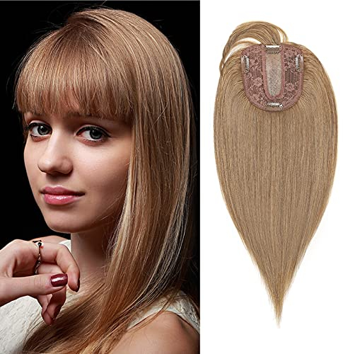 Silk-co Hair Topper Echthaar mit langem Pony, Toupet Damen 10x12cm Basis, Haartopper Echthaar mit Remy Seide Basis, Haar Topper Clip in Haarteil Extensions, 35cm27# Dunkelblond