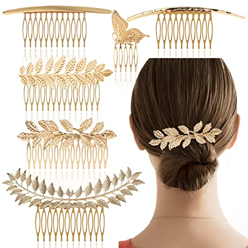 Lot De 6 Peignes Latéraux À Cheveux Torsadé Doré Vintage Avec Poignée De Dents Pour Accessoires De Coiffure Mariée En Métal Pour Femme Fille, Pinces Décoratives En Forme De Feuille De Mariée